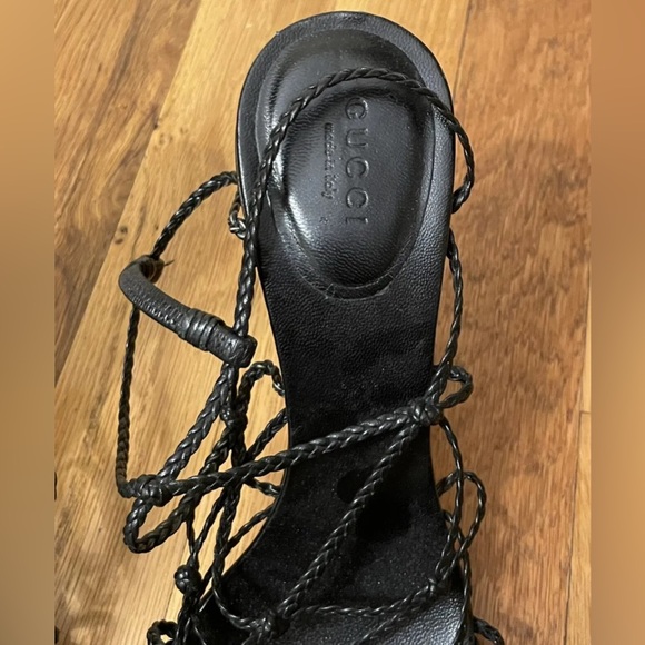 GUCCI black leather braided open toe heels shoes 9 b - Picture 2 of 7